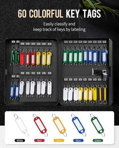 Uniclife 60 Position Key Cabinet with Combination Lock Resettable Black Digital Security Storage Box Steel Key Organizer with Colorful Large Key Tag Labels Stickers and Hooks
