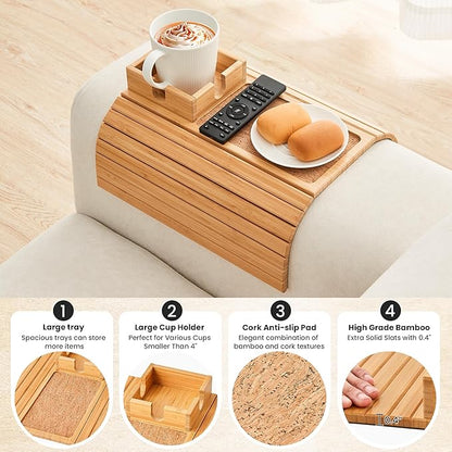 Bamboo Couch Cup Holder, Foldable Sofa Arm Tray, Anti-Slip Couch Aremrest Tray Table for Drink, Cup, Remote, Snacks, Cellphone, Portable, Bamboo/Cork Color