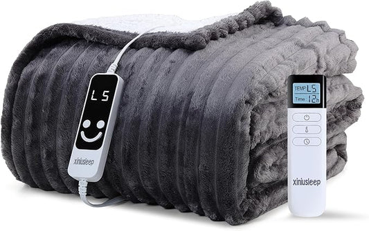 Heated Blanket Electric Blanket 62"x84", Soft Flannel Sherpa Electric Throw with 5 Heating Level & 12 Times Setting, Heated Throw with Overheating Protection, Machine Washable (Grey)