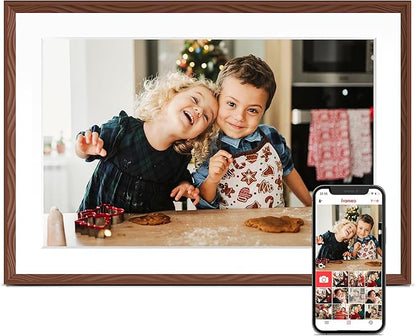 Digital Picture Frame, 10.1'' Frameo Digital Frame Wifi, 32GB Memory, 1280*800 HD Touch Screen Digital Photo Frame, Wall Mountable, Share Instantly, Birthday Gifts for Women, Mom Gift, Chocolate Brown