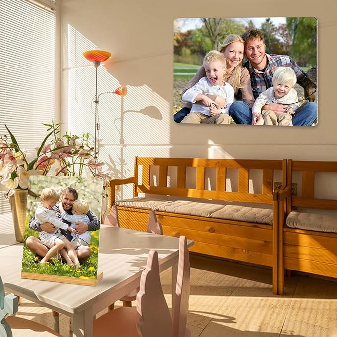 Custom Photo Prints - Metal Desktop Picture Frame with Photos & Wooden Base Personalized Gifts for Family Friends Lovers and Pets, Optional Multiple Sizes