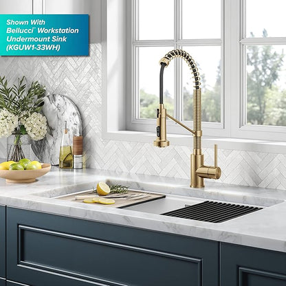 KRAUS Bolden Touchless Sensor Commercial Style 2-Function Single Handle Pull Down Kitchen Faucet in Spot-Free Brushed Brass, KSF-1610BB