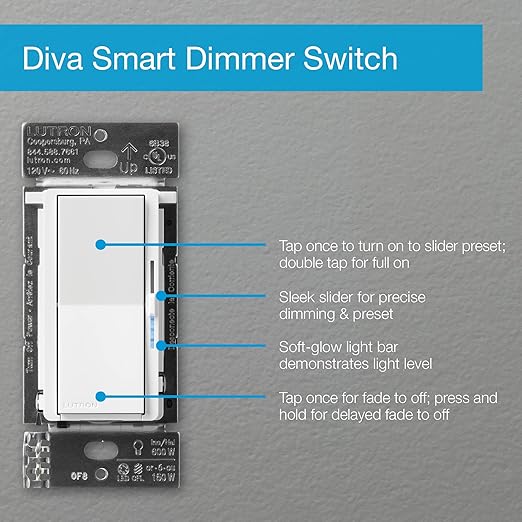 Lutron Diva Smart Dimmer Light Switch for Caseta Lighting (Lutron Smart Hub Required), for LED Lights, 150W, Single-Pole/3-Way, No Neutral, Gray (DVRF-6L-GR)