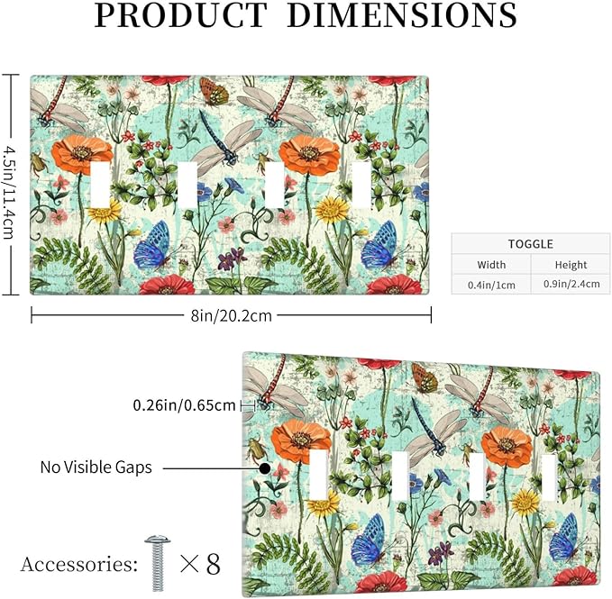Dragonflies Flowers Butterfly 4 Gang Quad Toggle Outlet Light Switch Cover Decorative Wall Plate Cover For Home Living Bedroom Kitchen Decorative