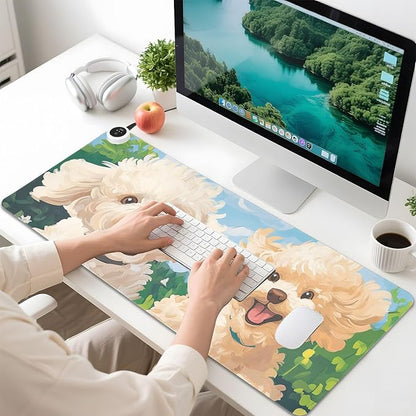 Heated Desk Pad Mouse Pad 31.5x13 Inch PU Leather Desk Mat with 3 Heat Levels Large Mouse Gaming Computer Laptop Mat Spring Running Poodle Dogs