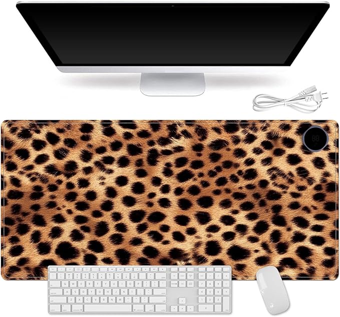 Small Heated Desk Pad 23.6" x 14.2" – Compact Electric Mouse Pad with 3 Heating Levels, Auto Shut-Off, Waterproof PU Surface, Plug-in Warmer for Office or Home Use, Leopard Print