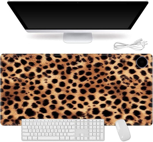 Heated Mouse Pad for Desk 31.5" x 13" – PU Leather Warm Desk Pad with 3 Heat Levels (104°F/113°F/122°F), Plug-in Electric Heating Mat with Auto Shut-Off, Waterproof & Rollable, Leopard Print