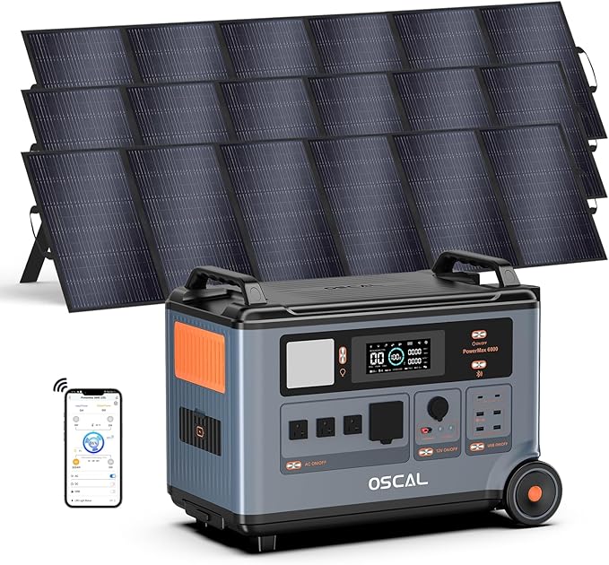 OSCAL PowerMax 6000 Solar Generator with 3x500W Solar Panels, 120/240V Split Phase Voltage 6000W AC Outlets (9000W Peak), 3600Wh Power Station Expandable to 57.6kWh, Emergency for Home