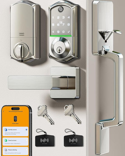 Veise VE017-D Fingerprint Smart Front Door Lock Set, App Control, 8-in-1 Keyless Entry Deadbolt with Lever Handle, Emergency Power Port, Auto Lock, Touchscreen Keypad, Easy Install, Satin Nickel