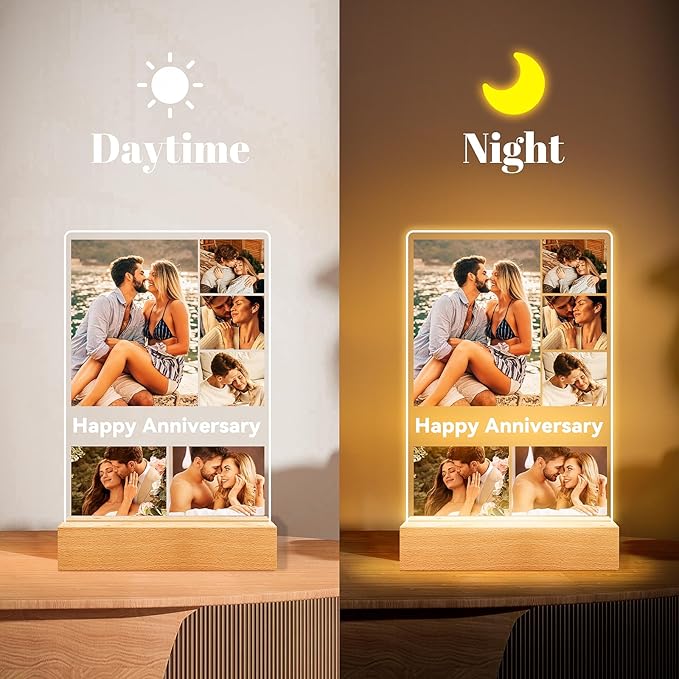 Custom Picture Frames with Photo, Customized Picture Frame with Night Light, Personalized Photo Frame, Personalized Anniversary Birthday Valentines Day Gifts for Women Men Her Him Couple