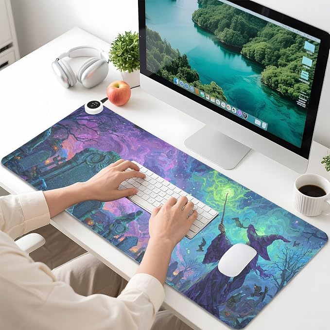 Heated Desk Pad Mouse Pad 31.5x13 Inch PU Leather Desk Mat with 3 Heat Levels Large Mouse Gaming Computer Laptop Mat Halloween Graveyard Purple