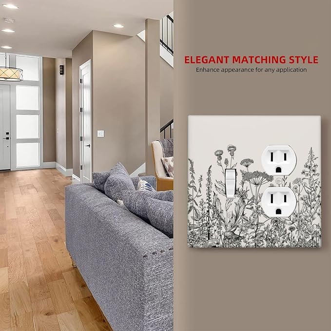 Decorative Outlet Covers Beige Skech Plant Leaves Flowers 2 Gang Wall Plate Cover Single Toggle Duplex Combo Two Switch Light Switch Cover Plate Jumbo Dual GFCI Faceplate