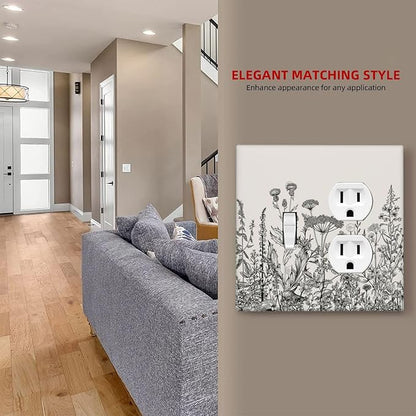 Decorative Outlet Covers Beige Skech Plant Leaves Flowers 2 Gang Wall Plate Cover Single Toggle Duplex Combo Two Switch Light Switch Cover Plate Jumbo Dual GFCI Faceplate