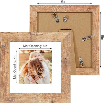 iRahmen 6x6 Picture Frame Set of 4 with Real Glass, Rustic Brown Frames Display 4x4 Picture with Mat or 6 x 6 Without Mat, Square Wood Photo Frame for Wall Mount and Tabletop Display