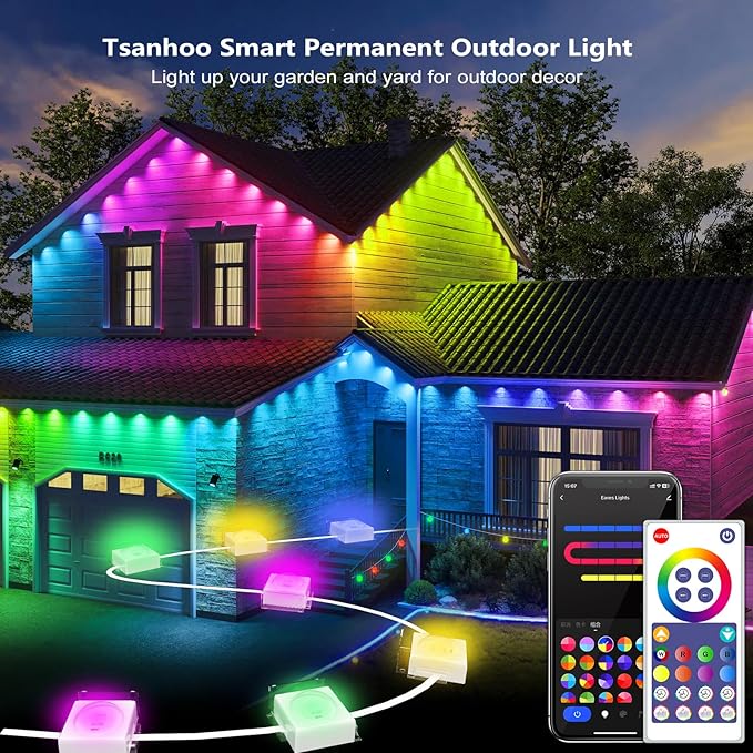 Smart Permanent Outdoor Lights, 100ft Smart Eave Lights with 72 LED Bulbs IP67 Waterproof DIY Multicolor for Daily, Festival, Party, Garden, House Decor, Work with APP/Alexa/Google Assistant
