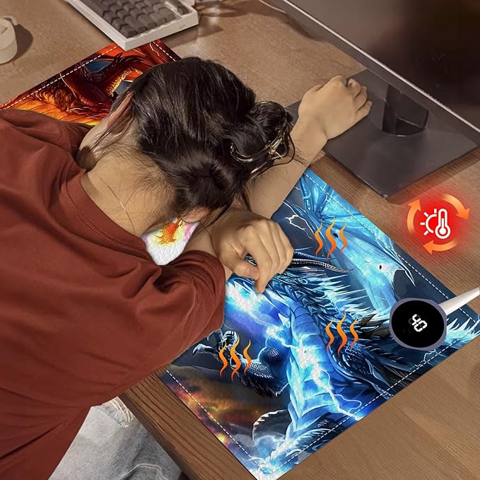 Heated Mouse Pad, Warm Desk Pad, Keyboard Mat 23.6 x 14 Inch Large Size Intelligent Fast Heating, 3 Speed Adjustable, Timed Auto Power Off for Game Office Home, Dragons Gather