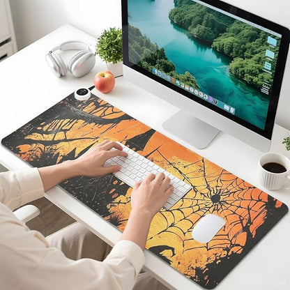 Heated Desk Pad Mouse Pad 31.5x13 Inch PU Leather Desk Mat with 3 Heat Levels Large Mouse Gaming Computer Laptop Mat Orange Witch Castle Halloween