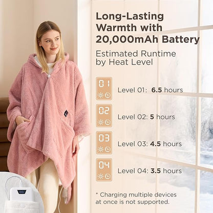 Bedsure Cordless Wearable Heated Blanket - Fluffy Electric Blanket Hoodie with 20000mAh Battery Pack, Portable USB Heated Shawl as Winter Gifts for Women Mom, 4 Heat Levels & 4 Timers, 55"x69", Pink