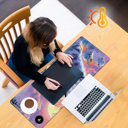 Heated Mouse Pad, Warm Desk Pad, Keyboard Mat 31.5 x 13 Inch Large Size Intelligent Fast Heating, 3 Speed Adjustable, Timed Auto Power Off for Game Office Home,Wolf Howling Under The Moon