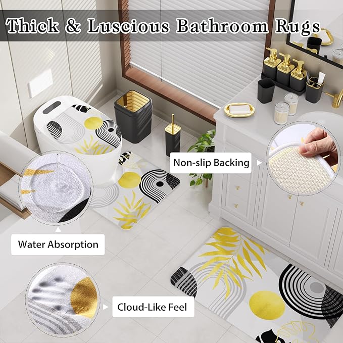 Bathroom Set - Bathroom Sets with Shower Curtain and Rugs, Bathroom Accessory Set, Black Bathroom Accessories Set with Trash Can, Toilet Brush and Soap Dispensers
