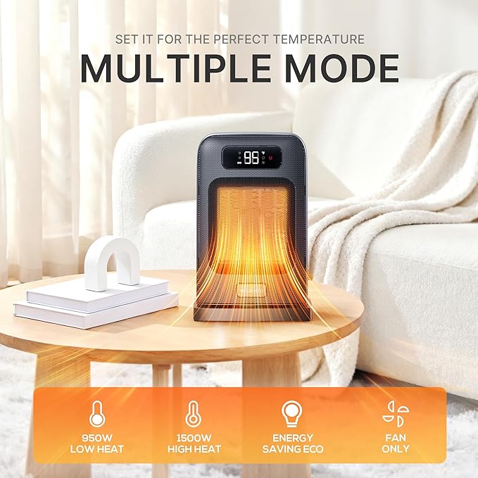 MORENTO Space Heater, Portable Space Heaters for indoor Use, Auto Temperature Control, LED Display Electric Heater, ECO Mode & 0-12H Timer, Quiet Heaters for Office, Bedroom, Home (Black, 1 Pack)