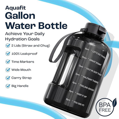 AQUAFIT 128 oz Water Bottle with Time Marker - Straw & Chug Lid - BPA Free 1 Gallon Gym Water Bottle with Handle - Big Gallon Jug (Nebula, 128 Ounces)