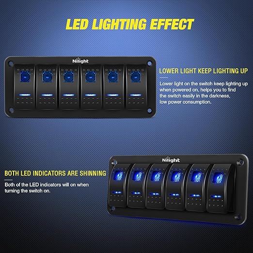 Nilight-90111F 6 Gang Aluminum Rocker Switch Panel Toggle Dash 5 Pin ON/Off Pre-Wired Rocker Switch Blue Backlit Switch for Automotive Car Marine Boat RV,2 Years Warranty