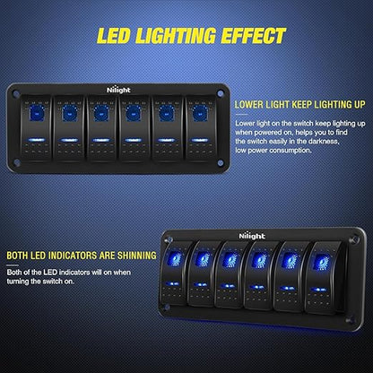 Nilight-90111F 6 Gang Aluminum Rocker Switch Panel Toggle Dash 5 Pin ON/Off Pre-Wired Rocker Switch Blue Backlit Switch for Automotive Car Marine Boat RV,2 Years Warranty