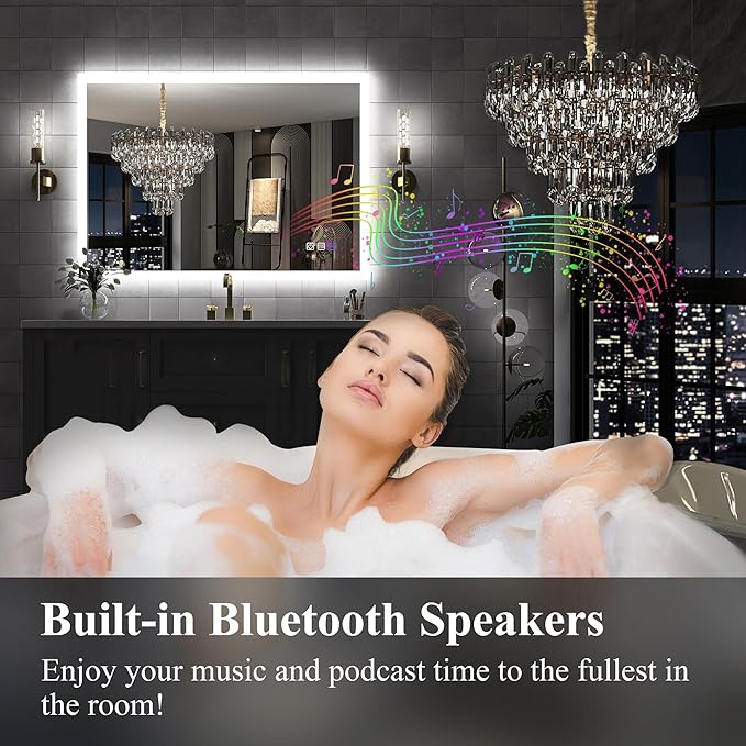 S·BAGNO LED Bathroom Mirror with Lights, 48''x28'' 3D Border Bathroom Vanity Wall Mirror with Bluetooth, Anti-Fog, Stepless Dimming, 3 Colors, Tempered Glass Lighted Vanity Mirror for Bathroom