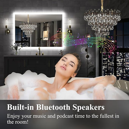 S·BAGNO LED Bathroom Mirror with Lights, 48''x28'' 3D Border Bathroom Vanity Wall Mirror with Bluetooth, Anti-Fog, Stepless Dimming, 3 Colors, Tempered Glass Lighted Vanity Mirror for Bathroom