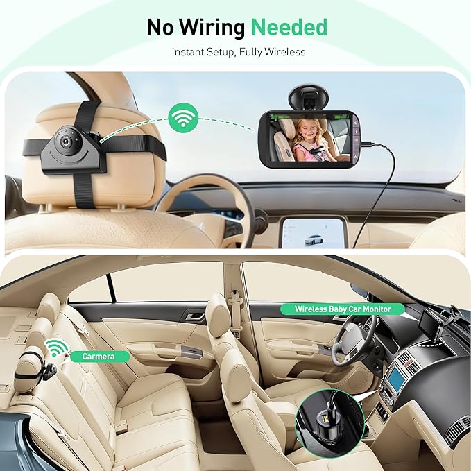 Wireless Baby Car Camera Monitor – 4.3 Inch Display with Rear Facing Car Seat Cameras, 1080P HD Night Vision IR-Cut, USB & Battery Powered Plug and Play Backseat Baby Monitor for Infant Toddler Safety