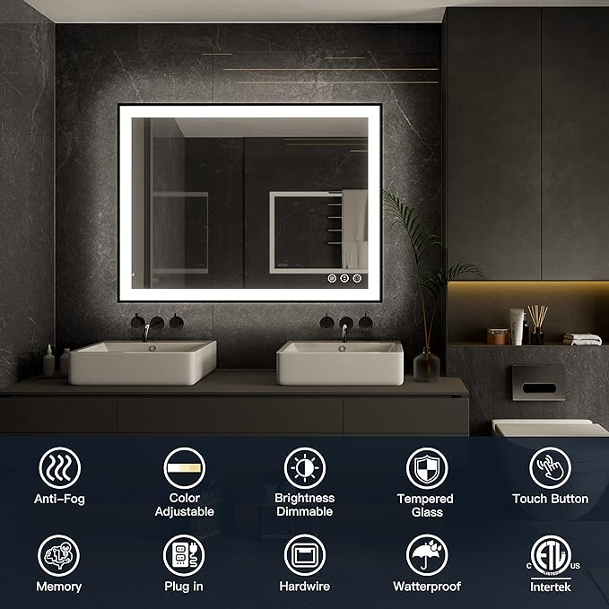 ISKM Framed LED Mirror for Bathroom 77"x36", Dimmable LED Bathroom Mirror with Lights, Anti-Fog, Front and Backlit Lighted Mirror 3-Colors, Shatterproof, Memory Function