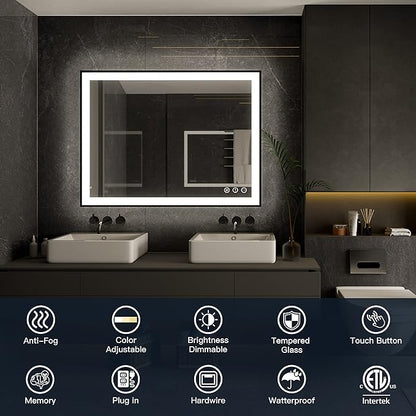 ISKM Framed LED Mirror for Bathroom 44"x32", Dimmable LED Bathroom Mirror with Lights, Anti-Fog, Front and Backlit Lighted Mirror 3-Colors, Shatterproof, Memory Function