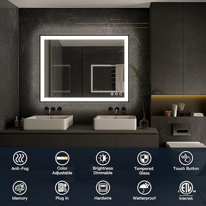 ISKM Framed LED Mirror for Bathroom 32"x24", Dimmable LED Bathroom Mirror with Lights, Anti-Fog, Front and Backlit Lighted Mirror 3-Colors, Shatterproof, Memory Function
