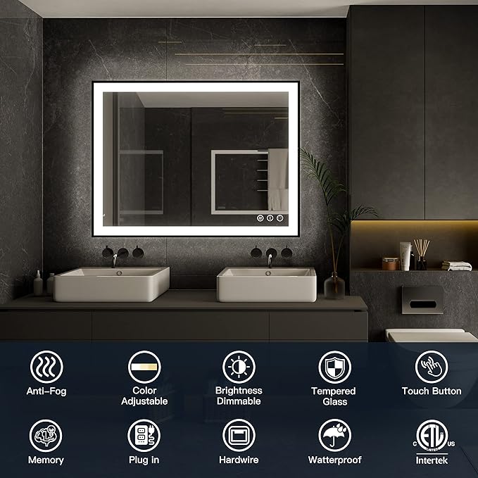 ISKM Framed LED Mirror for Bathroom 48"x32", Dimmable LED Bathroom Mirror with Lights, Anti-Fog, Front and Backlit Lighted Mirror 3-Colors, Shatterproof, Memory Function