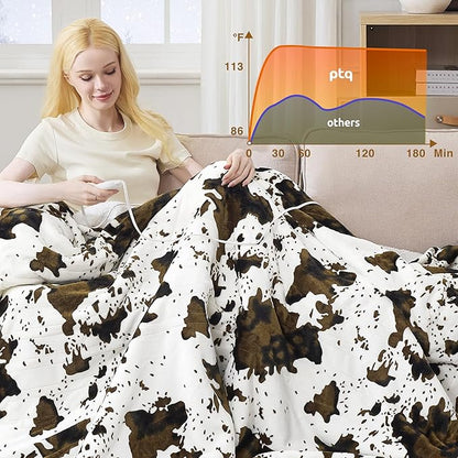 Electric Blanket Twin Size - Reversible Sherpa & Flannel, 62"× 84" Heated Throw Blanket with 6 Heat Settings & 1-12H Timer, Machine Washable, Warm Gift for Women, Brown Cow Print
