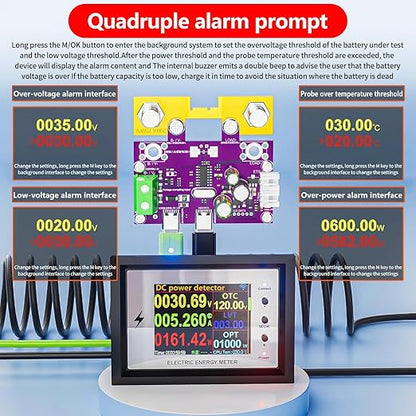 500A Battery Monitor with Shunt 0~420V 500A with Buzzer Alarm and Data Storage Batteries Monitor IPS Color Screen for 0~420V Any Battery and DC Power with 3m Type-C Data Cable Temperature Probe