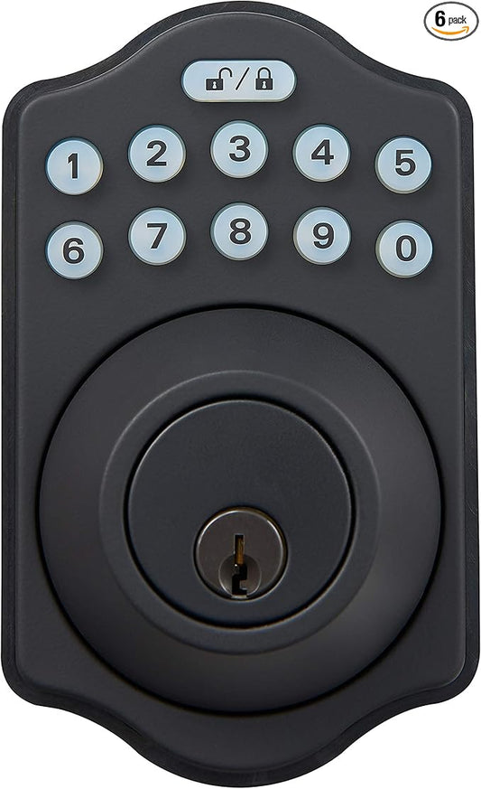 Amazon Basics Keyless Entry Door Lock Deadbolt - Traditional Electronic Keypad (Pack of 6) Matte Black with Key Option