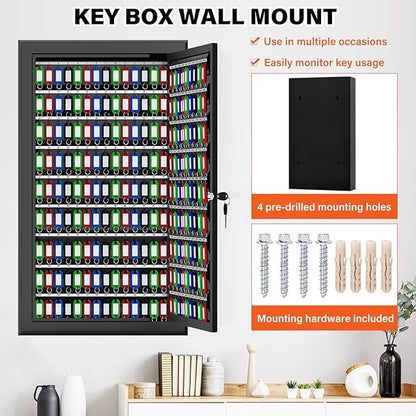 225 Keys Key Lock Box Wall Mount with Additional 16 Side Hooks and Key Tags, Anti-Theft Key Box Key Cabinet with Side Opening, Key Organizer Key Safe for Home Office Garage Rental Business