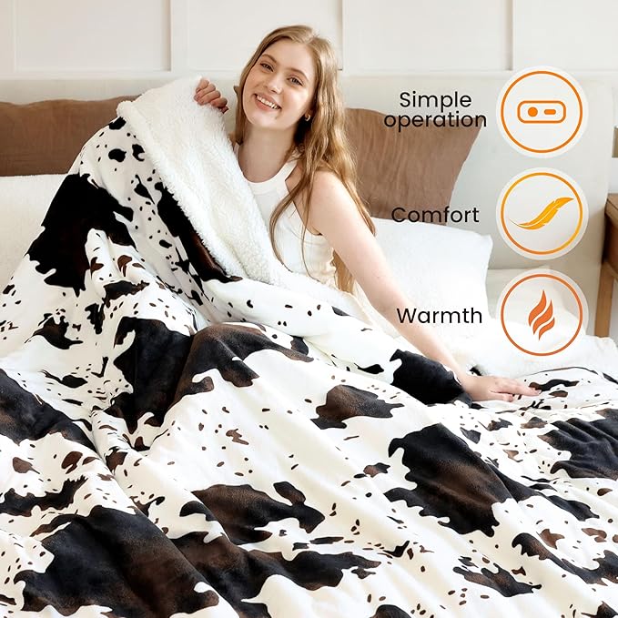 Cow Print Heated Electric Blanket King Size-Dual Control Heating Blanket King Size with 10 Heat Levels & 10 Hours Auto-Off, Cozy Soft Fleece Sherpa, Washable, 90x100 Inches Cow Print White