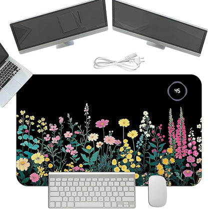 Heated Mouse Pad with 3 Temperature Settings(104°F–122°F),Large 24x14.2 Inch PU Leather Heated Desk Mat,Waterproof Warming Pad for Office,Gaming & Cold Hands Relief,Garden Flowers