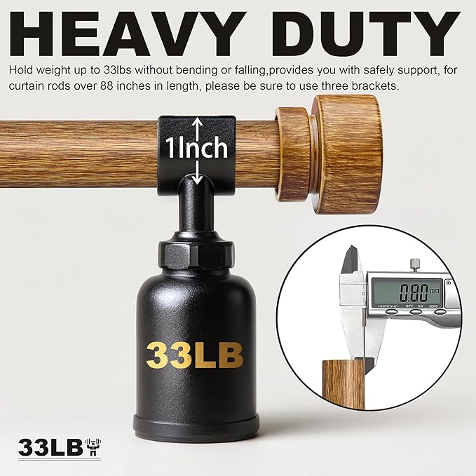Wood Curtain Rods for Windows 66 to 120 Inches 1" Diameter Boho Decorative Heavy Duty Long Window Curtain Rod Adjustable with Solid Imitation Wood Grain Finials for Living Room Bedroom Kitchen