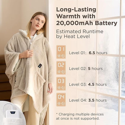 Bedsure Cordless Wearable Heated Blanket - Fluffy Electric Blanket Hoodie with 20000mAh Battery Pack, Portable USB Heated Shawl as Winter Gifts for Women Mom, 4 Heat Levels & 4 Timers, 55"x69", Cream