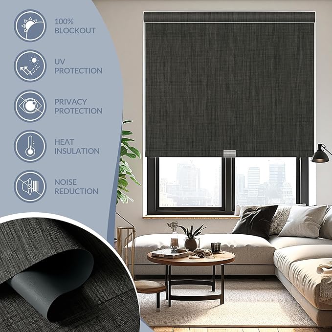 Boolegon Motorized Roller Blinds - 100% Blackout Smart Electric Shades with Remote, Compatible with Alexa/Google Home/HomeKit via Hub, Easy Install for Home Office, Dark Grey, Custom Size.