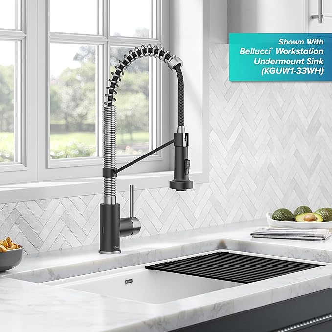 KRAUS Bolden Touchless Sensor Commercial Style 2-Function Single Handle Pull Down Kitchen Faucet in Spot-Free Stainless Steel/Matte Black, KSF-1610SFSMB