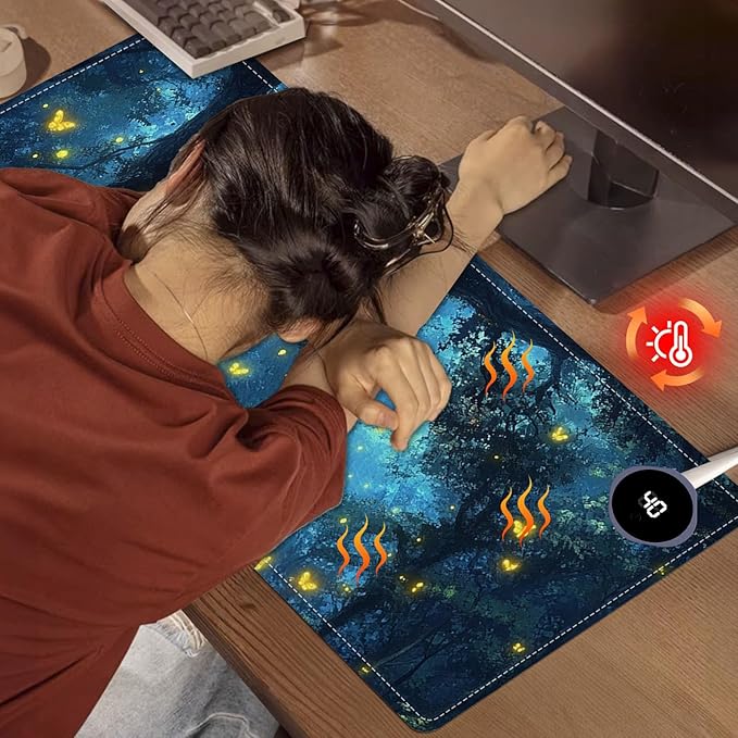 Heated Mouse Pad 31.5x13 in 3-Temp Fast Heating Desk Mat with Auto Timer Warmer for Hands Wrist Pain Relief Waterproof Keyboard Mat for Office, Gaming, Home, Enchanted Forest Glow