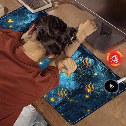 Heated Mouse Pad 31.5x13 in 3-Temp Fast Heating Desk Mat with Auto Timer Warmer for Hands Wrist Pain Relief Waterproof Keyboard Mat for Office, Gaming, Home, Enchanted Forest Glow