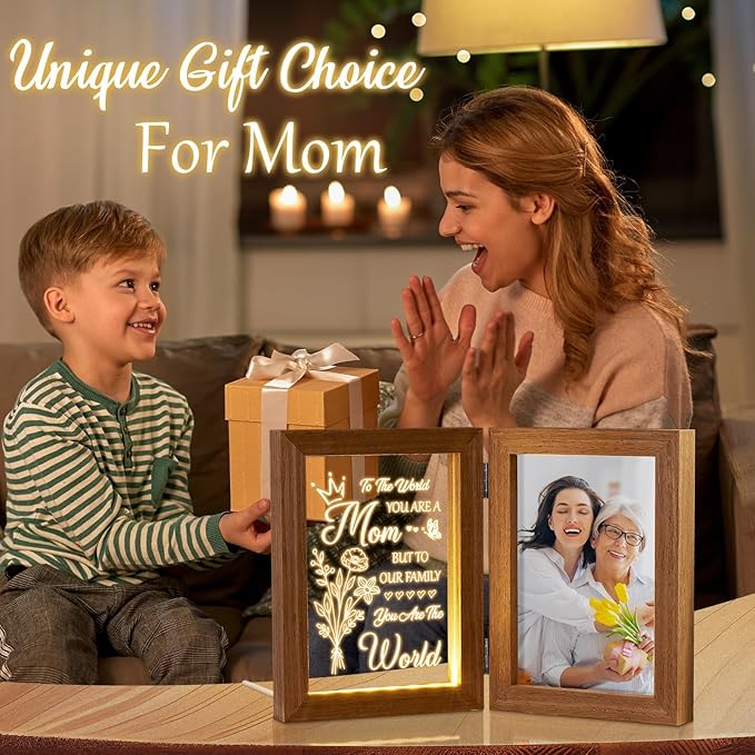 Tiblue Christmas Gifts for Mom from Daughter Son Best Mom Gifts Unique, Engraved Night Light with Mother Picture Frame 5x7, Solid Wood New Mama Mothers Day Gift for Mother-in Law Wife