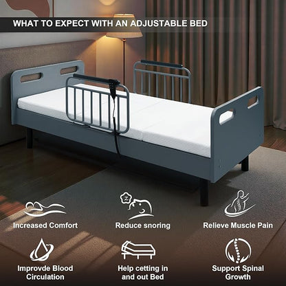 Electric Adjustable Bed for Home Use with Remote Control, Memory Foam Folding Mattress & Safety Side Rails, Home Healthcare Support (Grey,White)