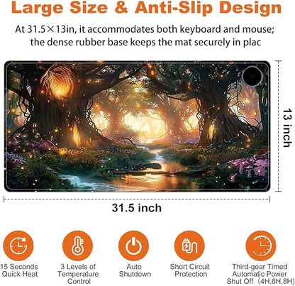 Heated Mouse Pad for Desk 31.5" x 13" – PU Leather Warm Desk Pad with 3 Heat Levels (104°F/113°F/122°F), Plug-in Electric Heating Mat with Auto Shut-Off, Waterproof & Rollable, Glowing Forest
